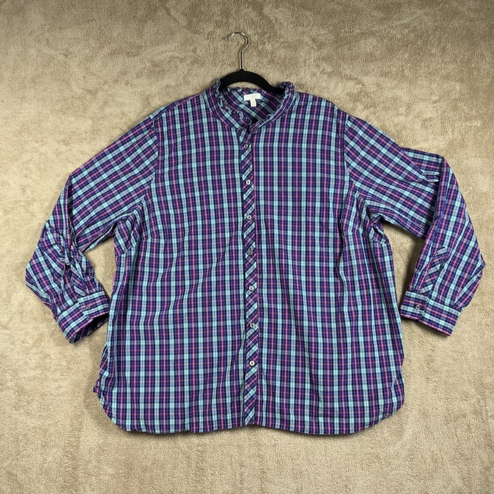 Talbots Womens Plus Size‎ 3X Button Shirt Ruffle Collar Plaid Colorful EUC
